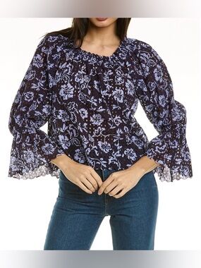 Ramy Brook Navy Blouse with Lavender Floral Eyelet